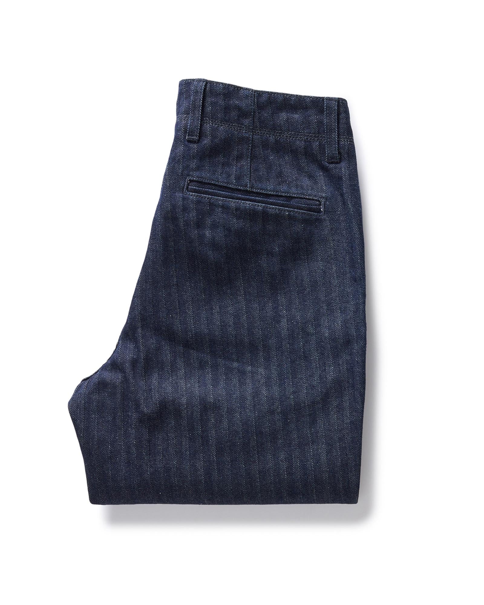 folded flatlay of the back of The Morse Pant in Rinsed Indigo Herringbone, Bottoms by Taylor Stitch