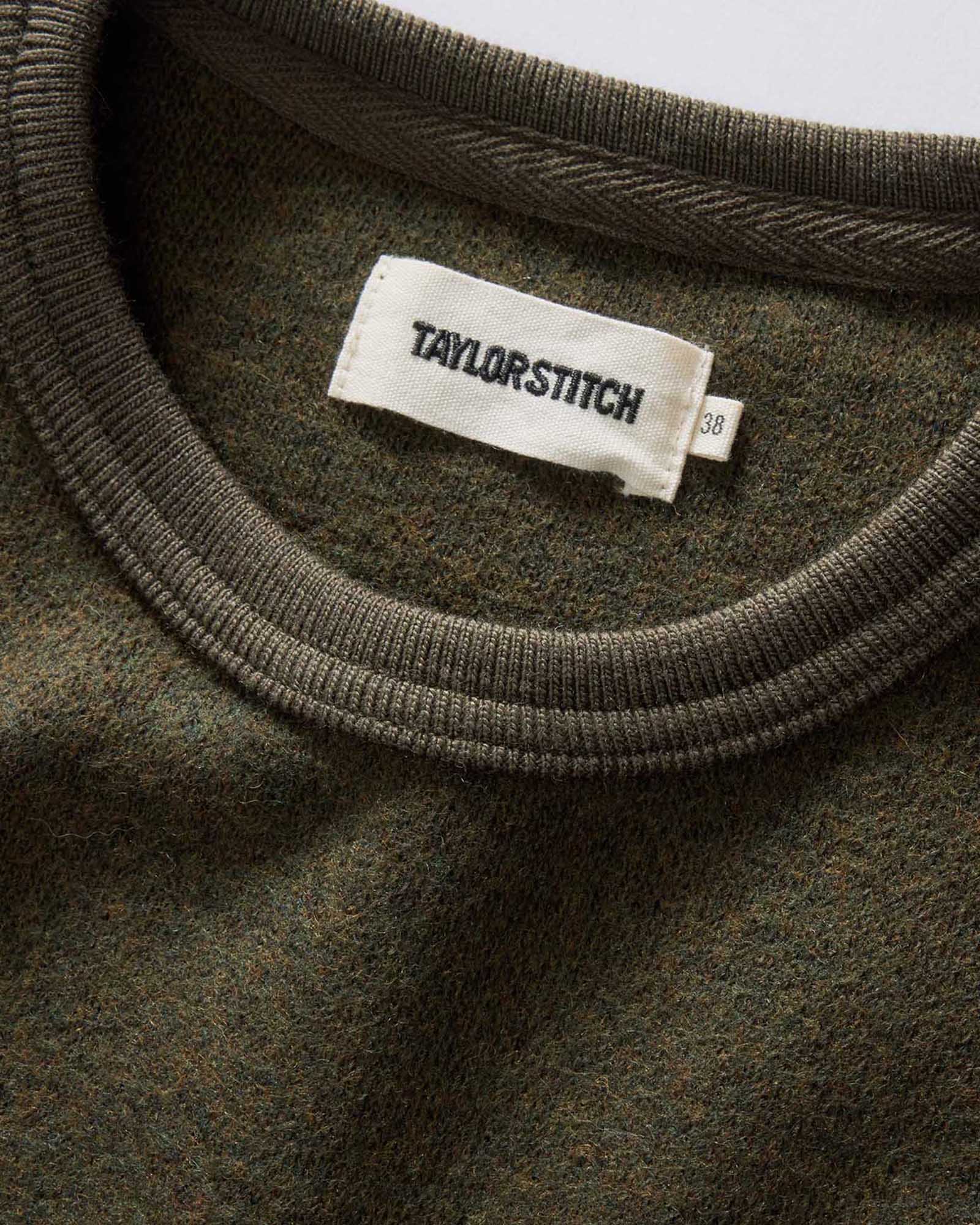 material shot of the collar on The Evans Crew in Forest Birdseye Wool, Knits by Taylor Stitch