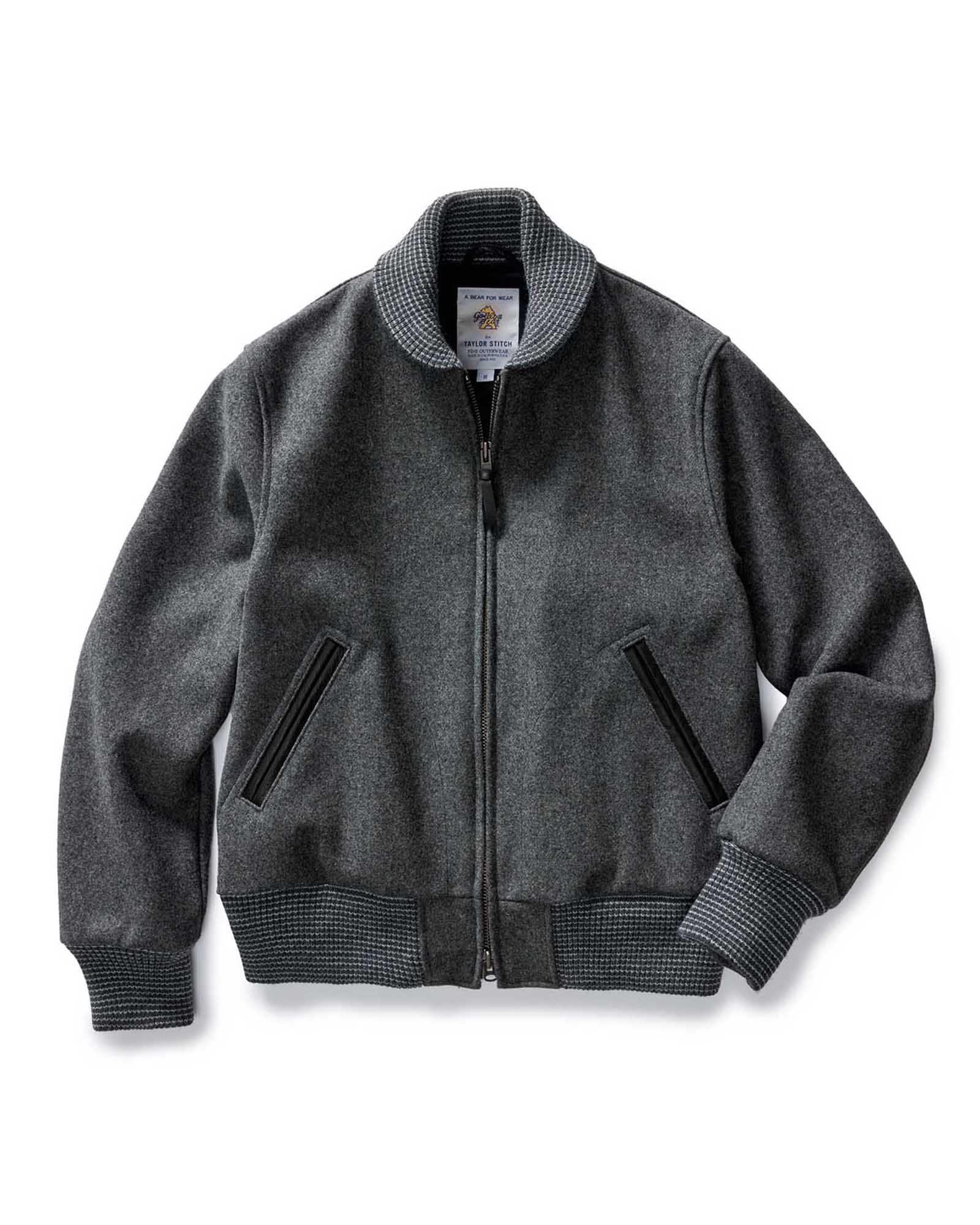 flatlay of The Golden Bear Snap Bomber in Heather Graphite, Outerwear by Taylor Stitch