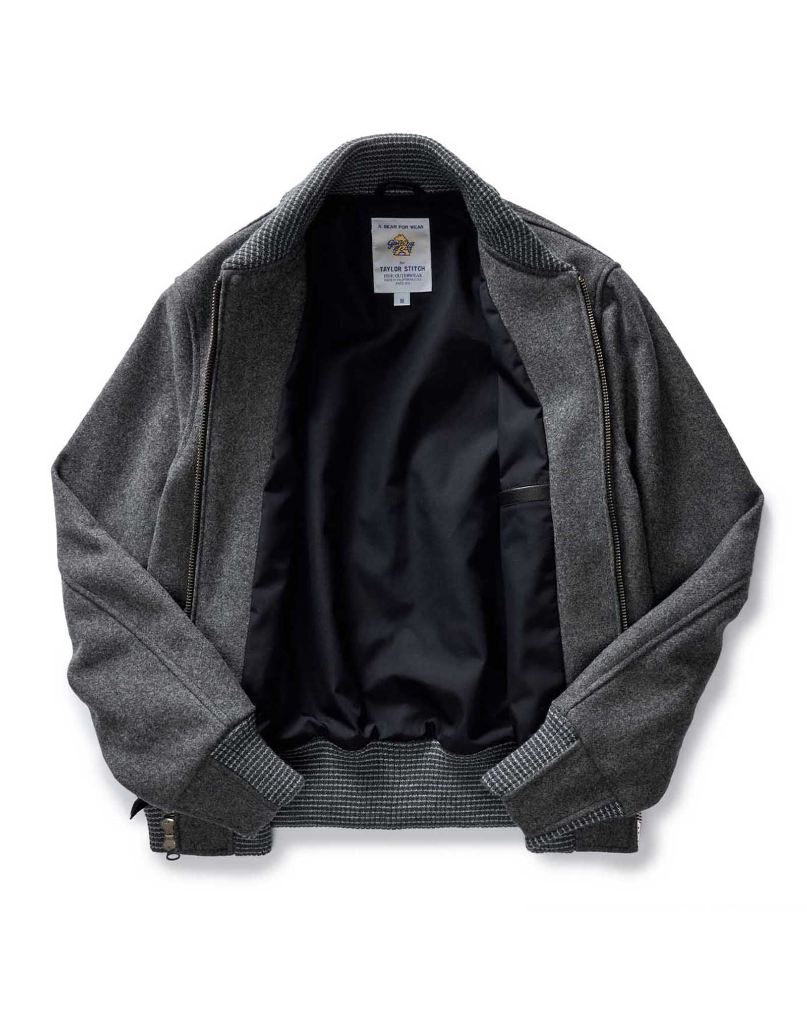 flatlay of the inside of The Golden Bear Snap Bomber in Heather Graphite, Outerwear by Taylor Stitch