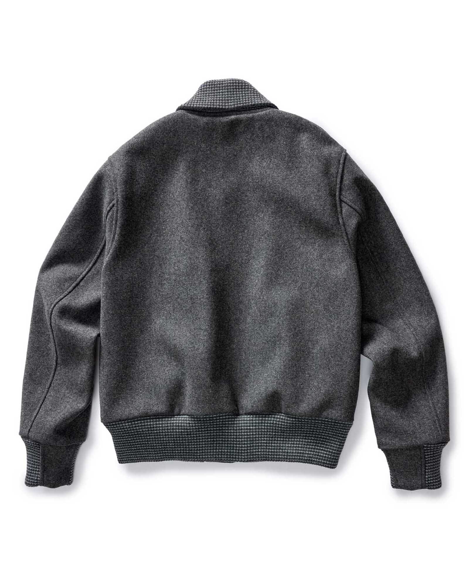 flatlay of the back of The Golden Bear Snap Bomber in Heather Graphite, Outerwear by Taylor Stitch