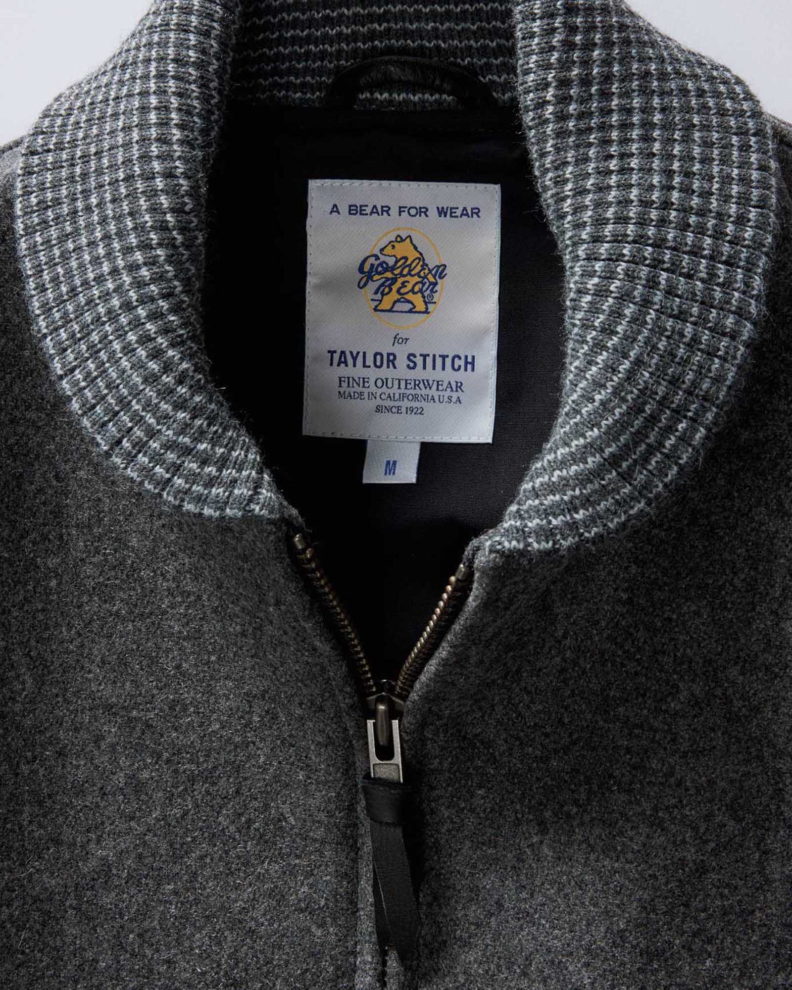 material shot of the collar on The Golden Bear Snap Bomber in Heather Graphite, Outerwear by Taylor Stitch