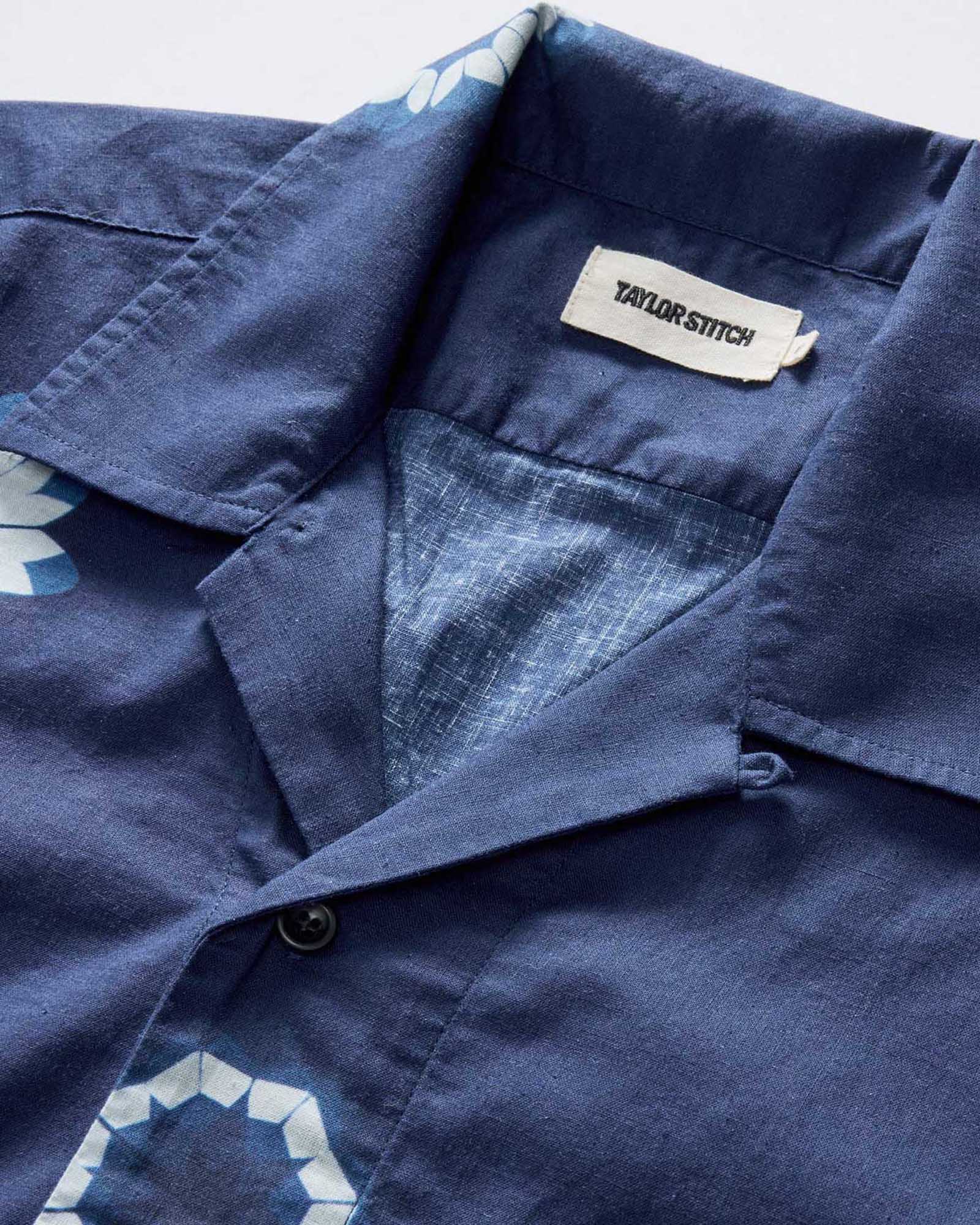 material shot of the collar on The Davis Shirt in Dark Navy Geo, Wovens by Taylor Stitch