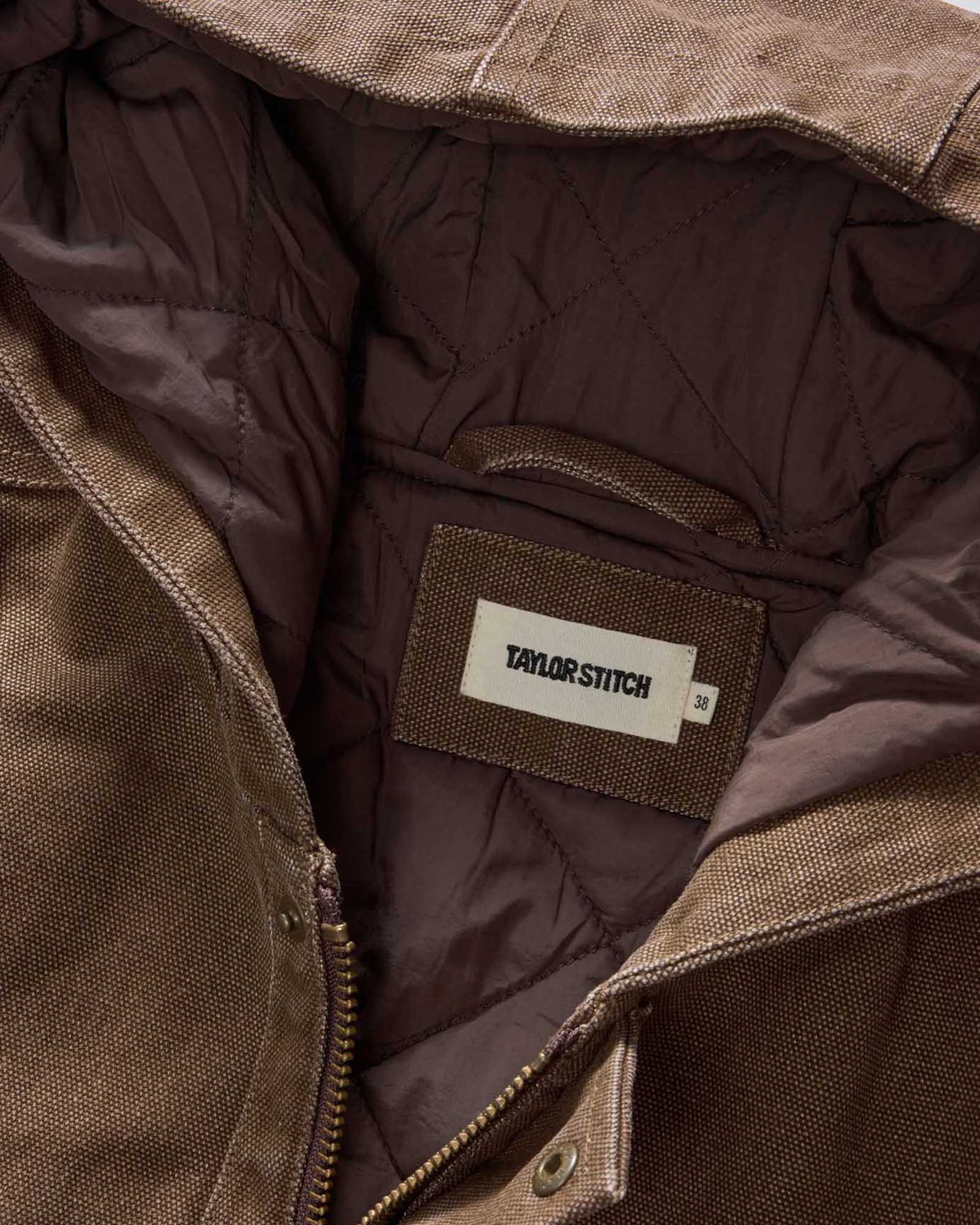material shot of the hood on The Workhorse Hoodie in Aged Penny Chipped Canvas, Outerwear by Taylor Stitch