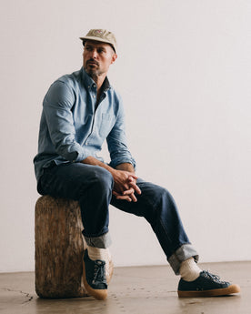 fit model walking wearing The Jack in Washed Indigo Oxford, Wovens by Taylor Stitch