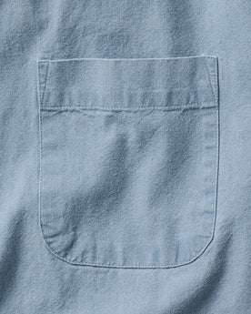 material shot of the collar on The Jack in Washed Indigo Oxford, Wovens by Taylor Stitch