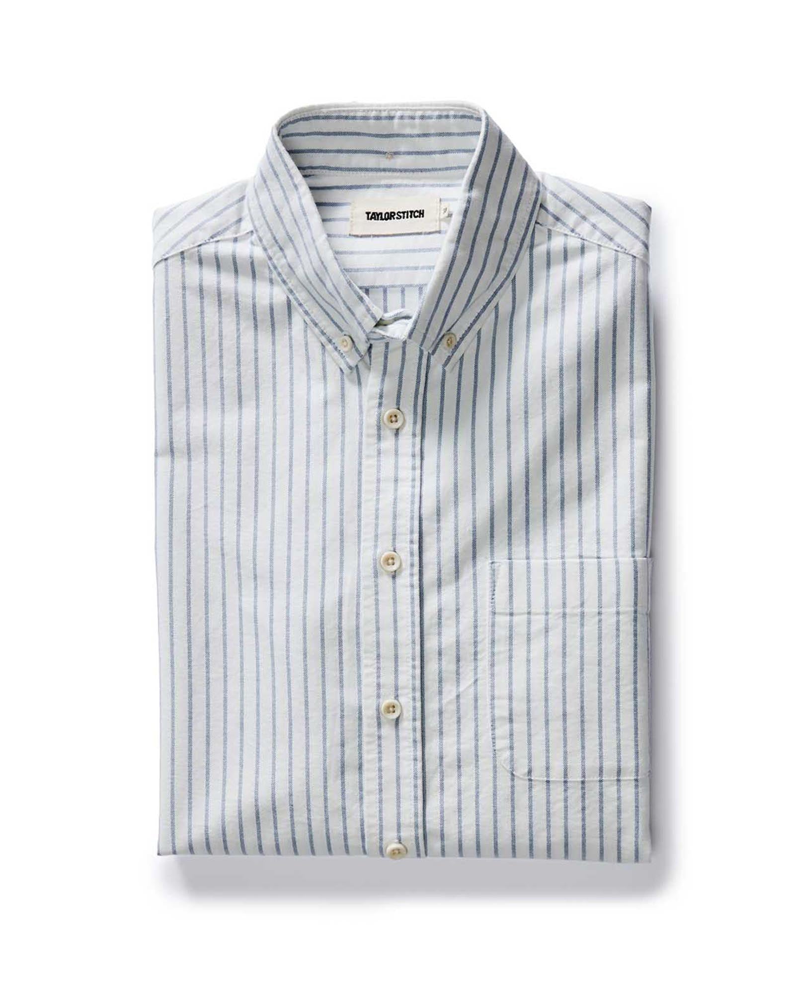 folded flatlay of The Jack in White Stripe Oxford, Wovens by Taylor Stitch