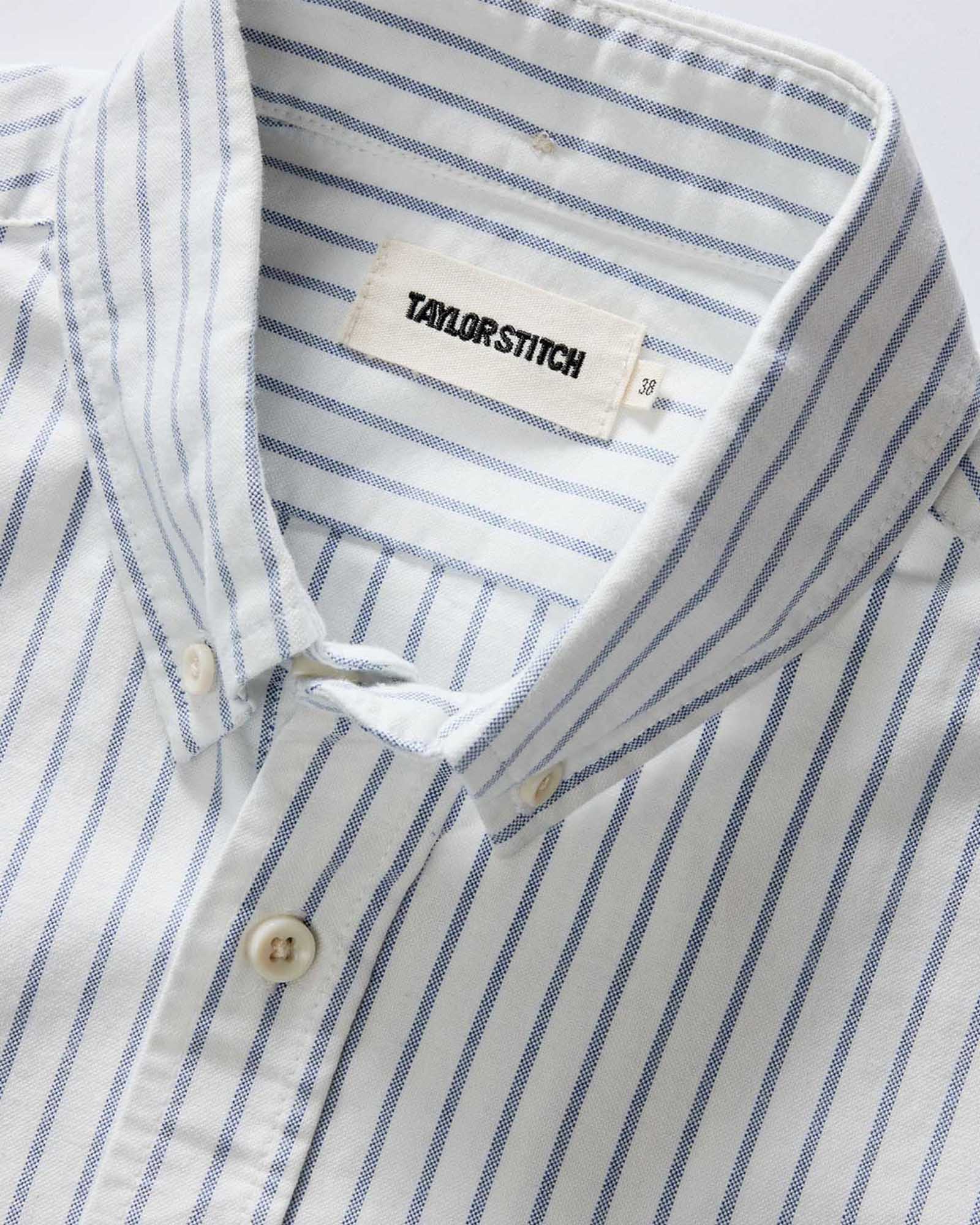 material shot of the collar on The Jack in White Stripe Oxford, Wovens by Taylor Stitch