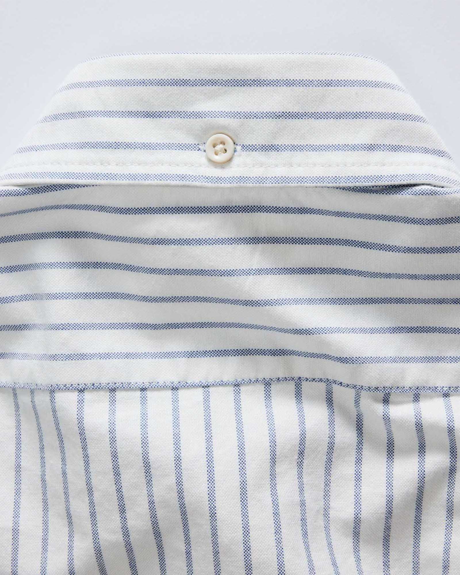 material shot of the collar on The Jack in White Stripe Oxford, Wovens by Taylor Stitch
