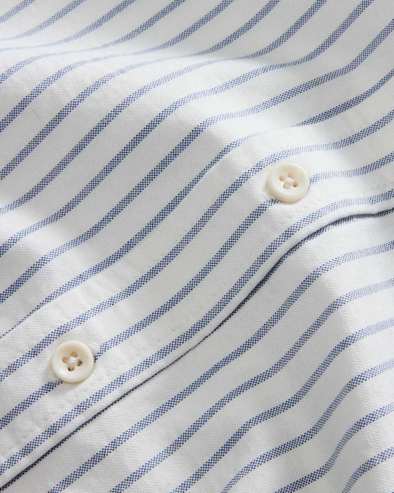 material shot of the buttons on The Jack in White Stripe Oxford, Wovens by Taylor Stitch