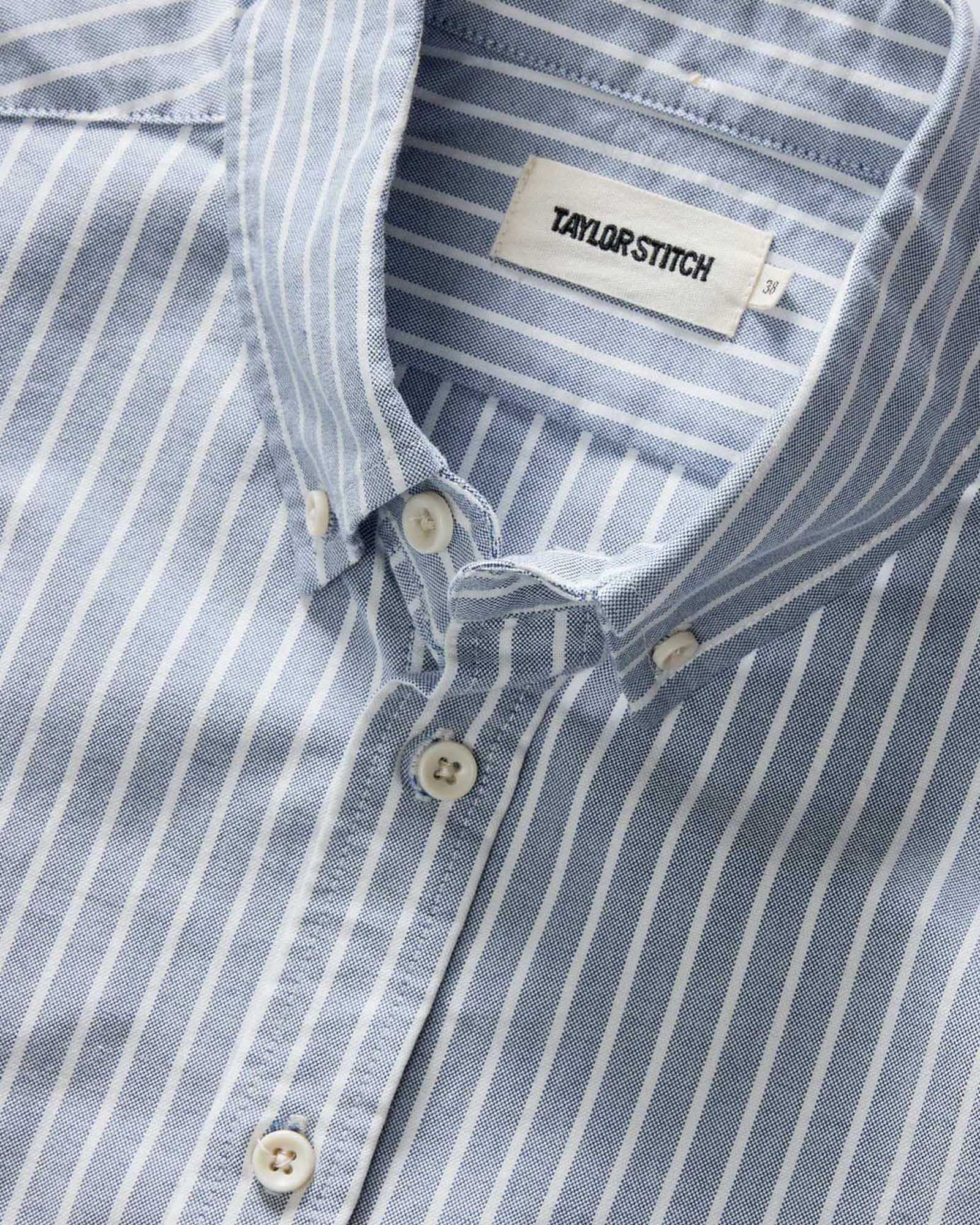 material shot of the collar on The Jack in Blue Sky Stripe Oxford, Wovens by Taylor Stitch
