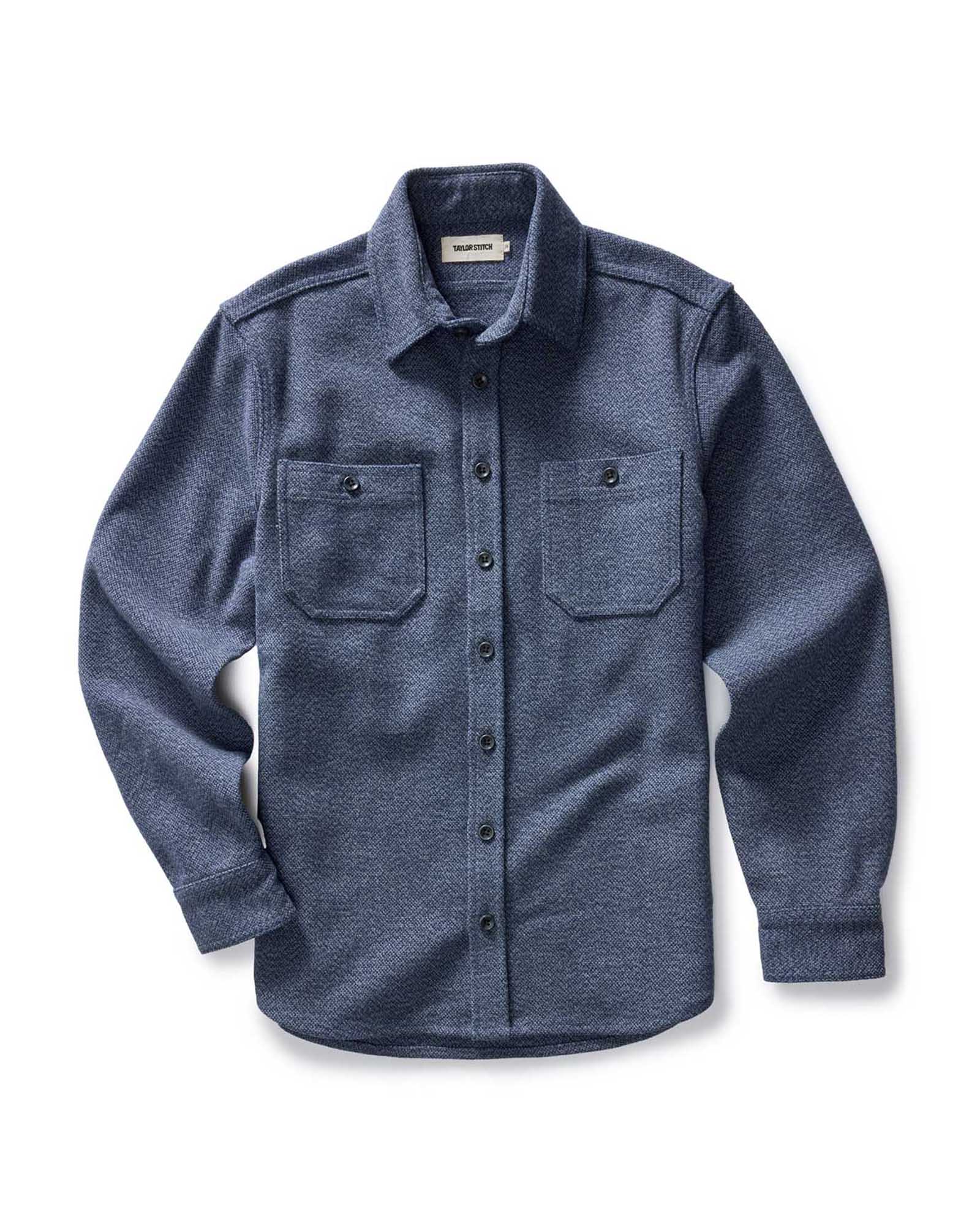flatlay of The Utility Shirt in Indigo Ash Wool Canvas, Wovens by Taylor Stitch