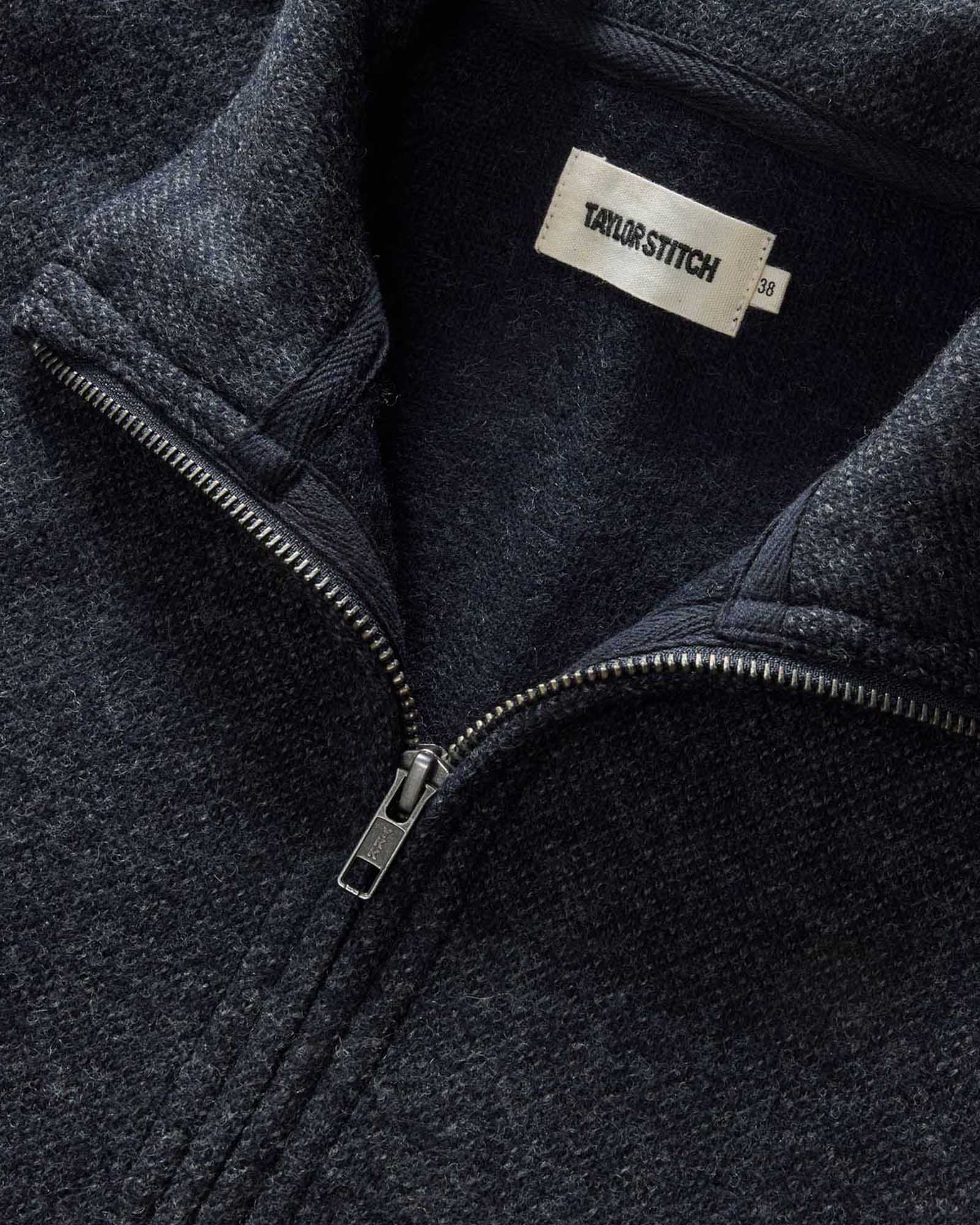 material shot of the collar on The Evans Jacket in Navy Birdseye Wool, Knits by Taylor Stitch