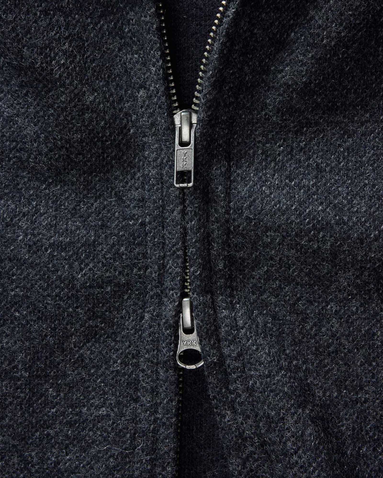 material shot of the zipper on The Evans Jacket in Navy Birdseye Wool, Knits by Taylor Stitch