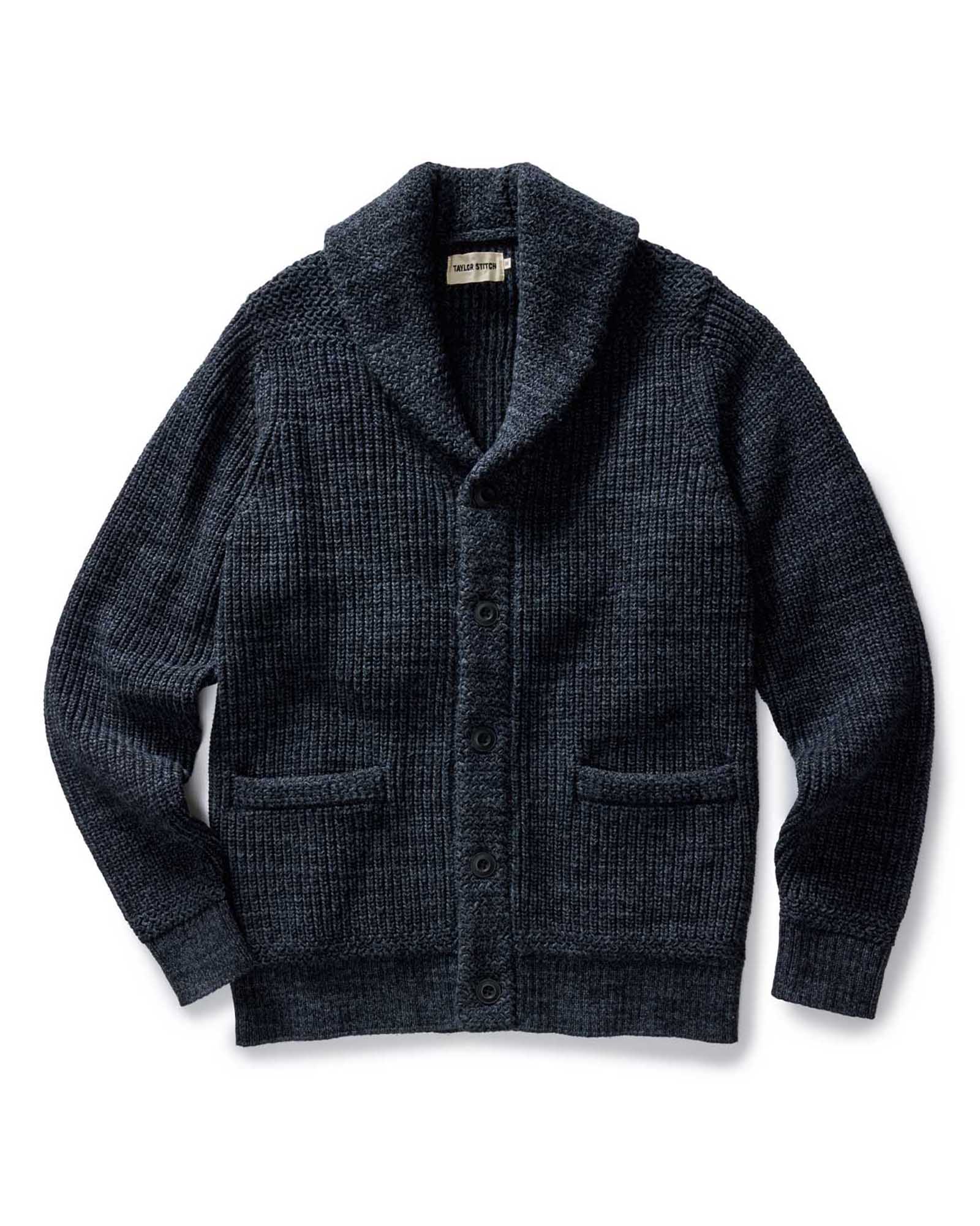 flatlay of The Mariner Shawl Cardigan in Ink Slub, Knits by Taylor Stitch