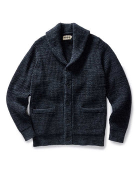 flatlay of The Mariner Shawl Cardigan in Ink Slub, Knits by Taylor Stitch