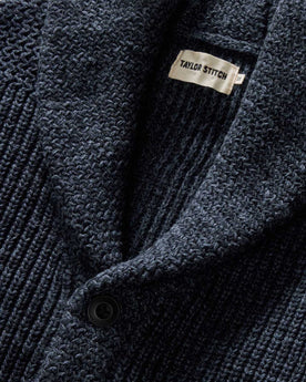 material shot of the collar on The Mariner Shawl Cardigan in Ink Slub, Knits by Taylor Stitch