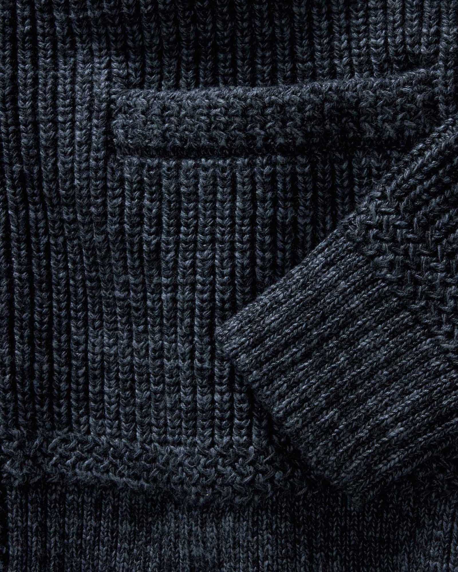 material shot of the sleeves on The Mariner Shawl Cardigan in Ink Slub, Knits by Taylor Stitch