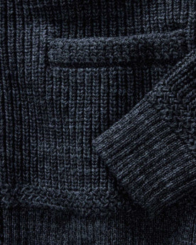 material shot of the sleeves on The Mariner Shawl Cardigan in Ink Slub, Knits by Taylor Stitch