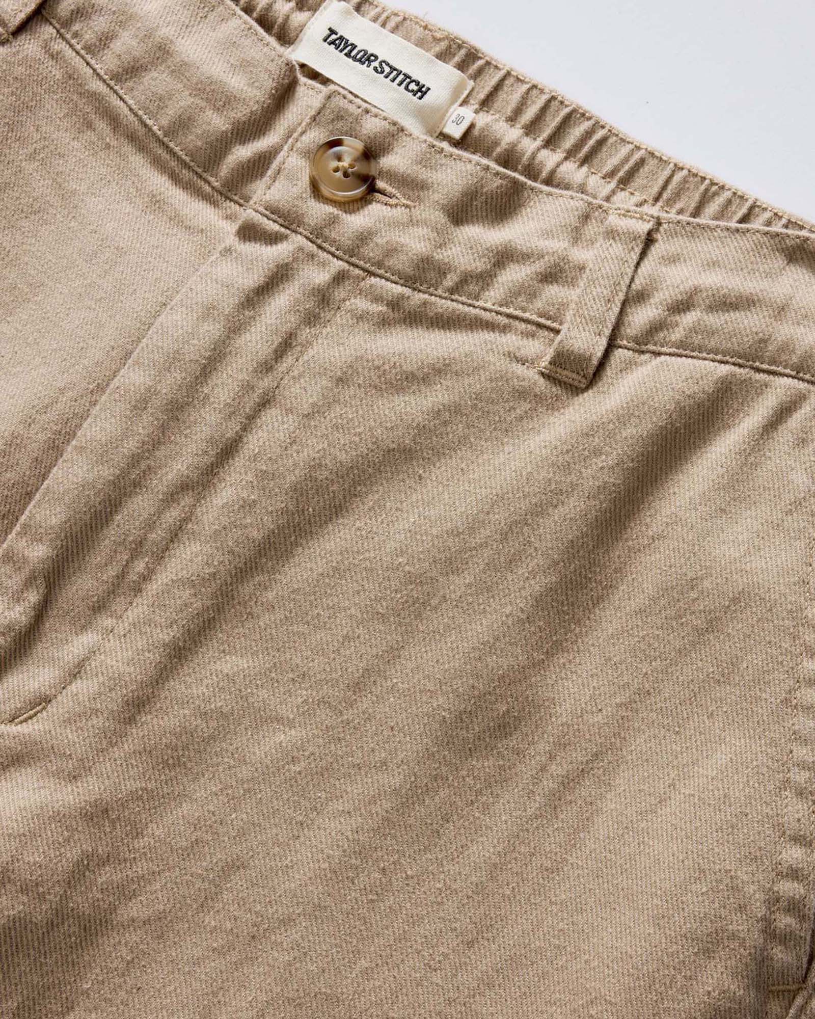 material shot of the waistband on The Carmel Pant in Heather Khaki Cotton Linen, Bottoms by Taylor Stitch