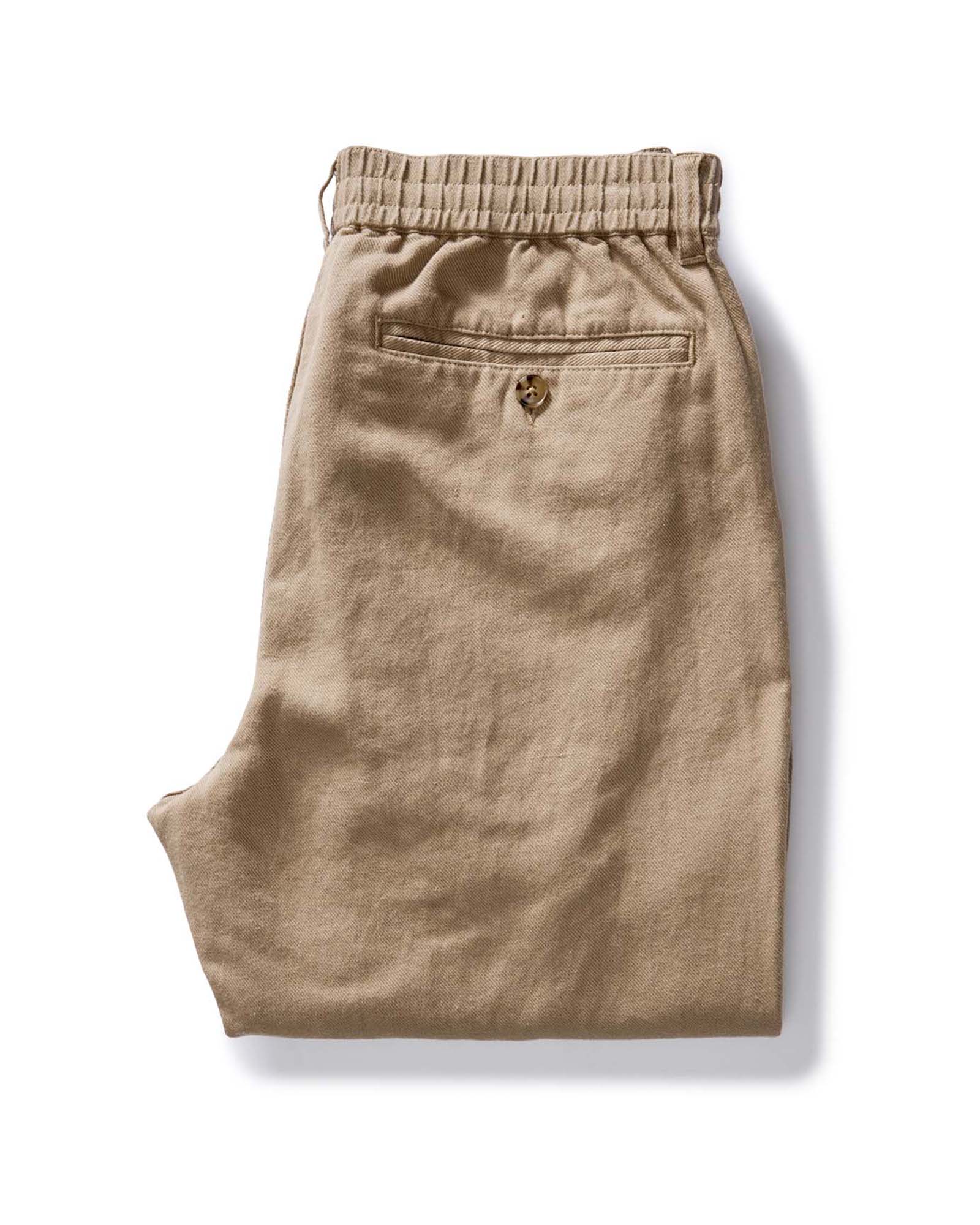 folded flatlay of the back of The Carmel Pant in Heather Khaki Cotton Linen, Bottoms by Taylor Stitch