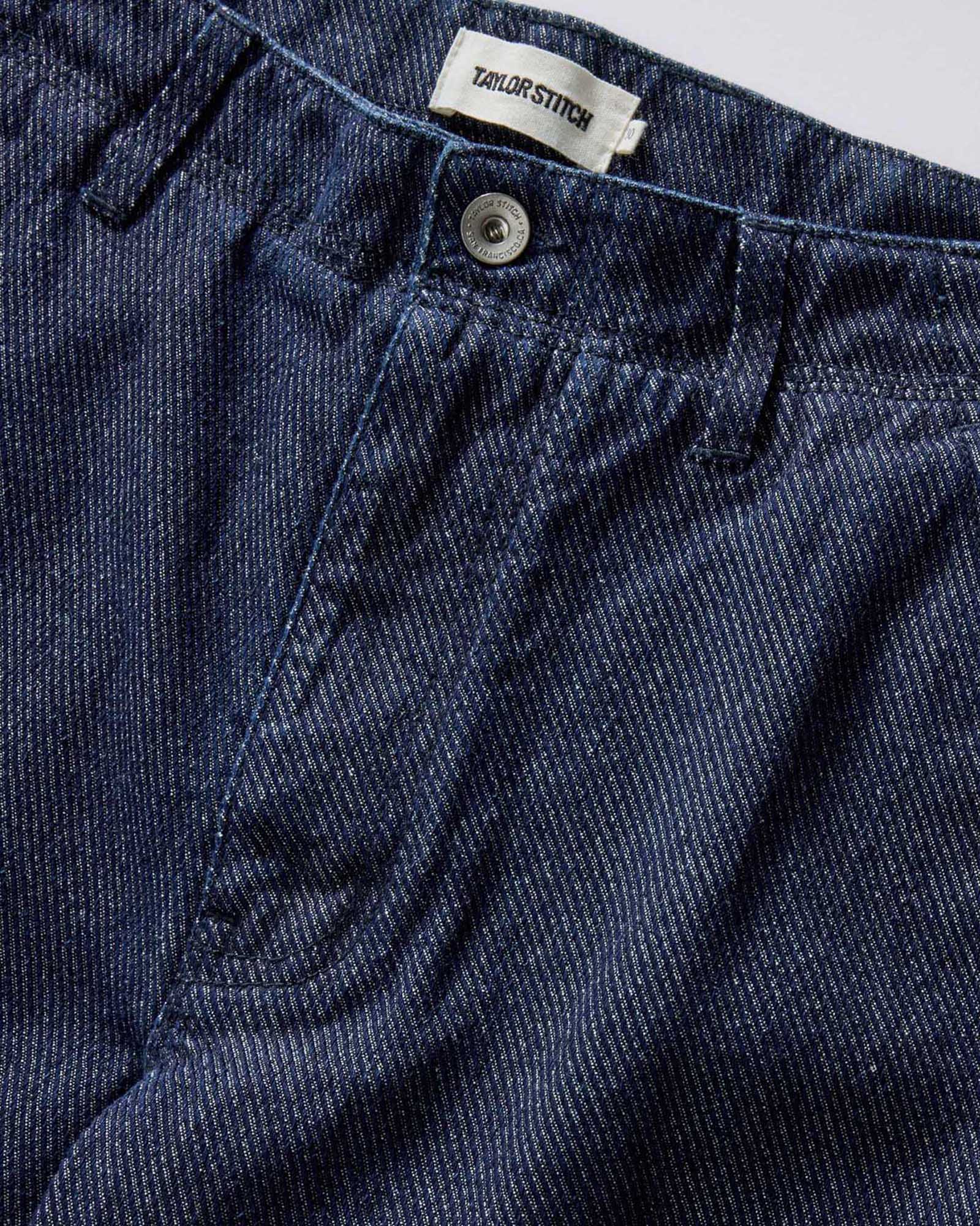 material shot of the waistband on The Morse Pant in Rinsed Indigo Twill, Bottoms by Taylor Stitch