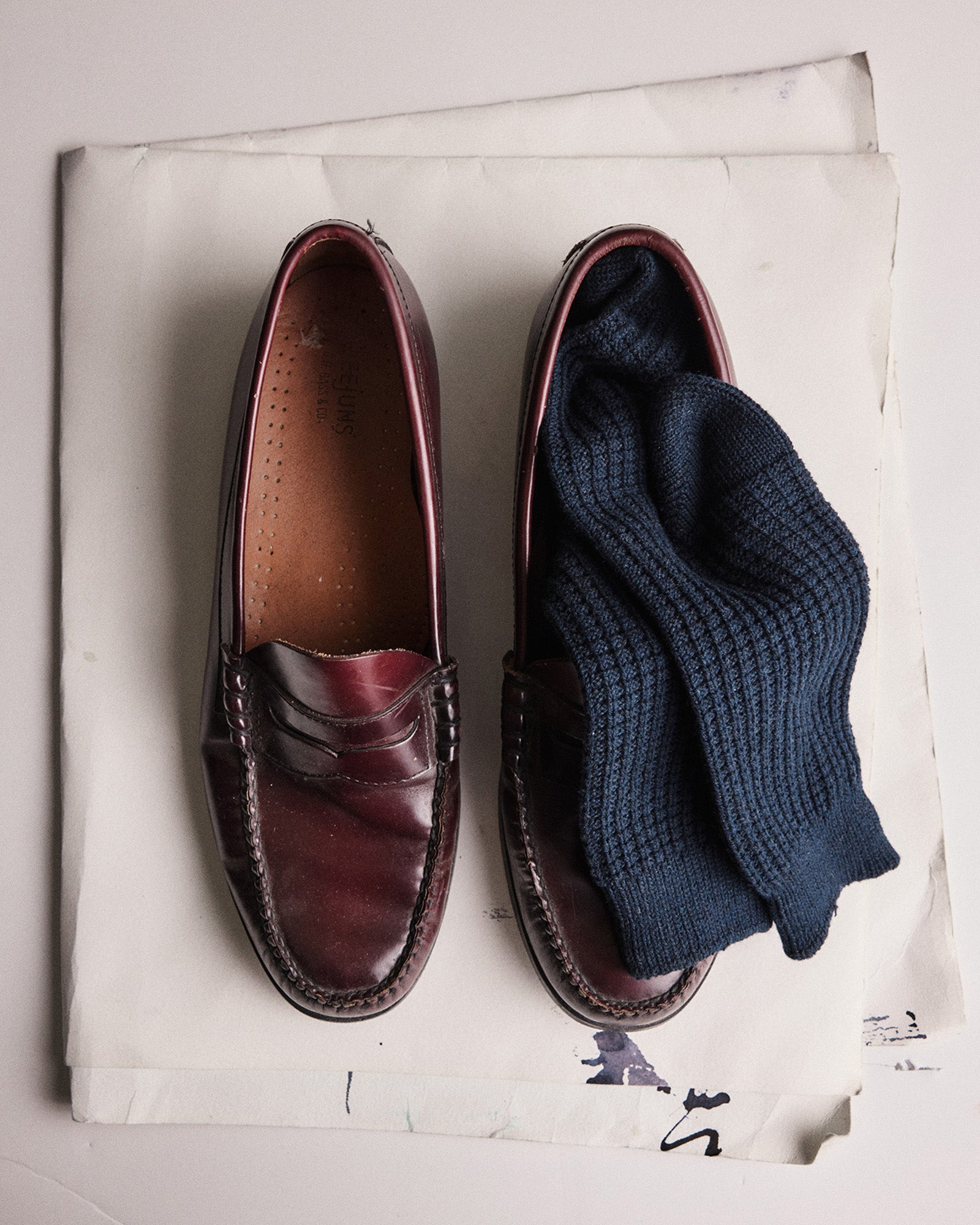 editorial image of The Waffle Sock in Dark Navy in a shoe, Accessories by Taylor Stitch