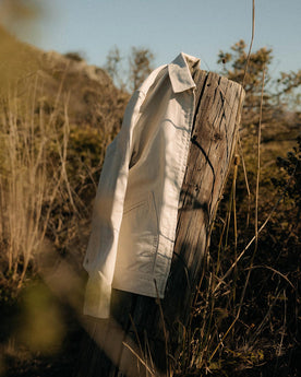 editorial image of The Shifter Jacket in Stone Pigment Canvas on a stick, Outerwear by Taylor Stitch