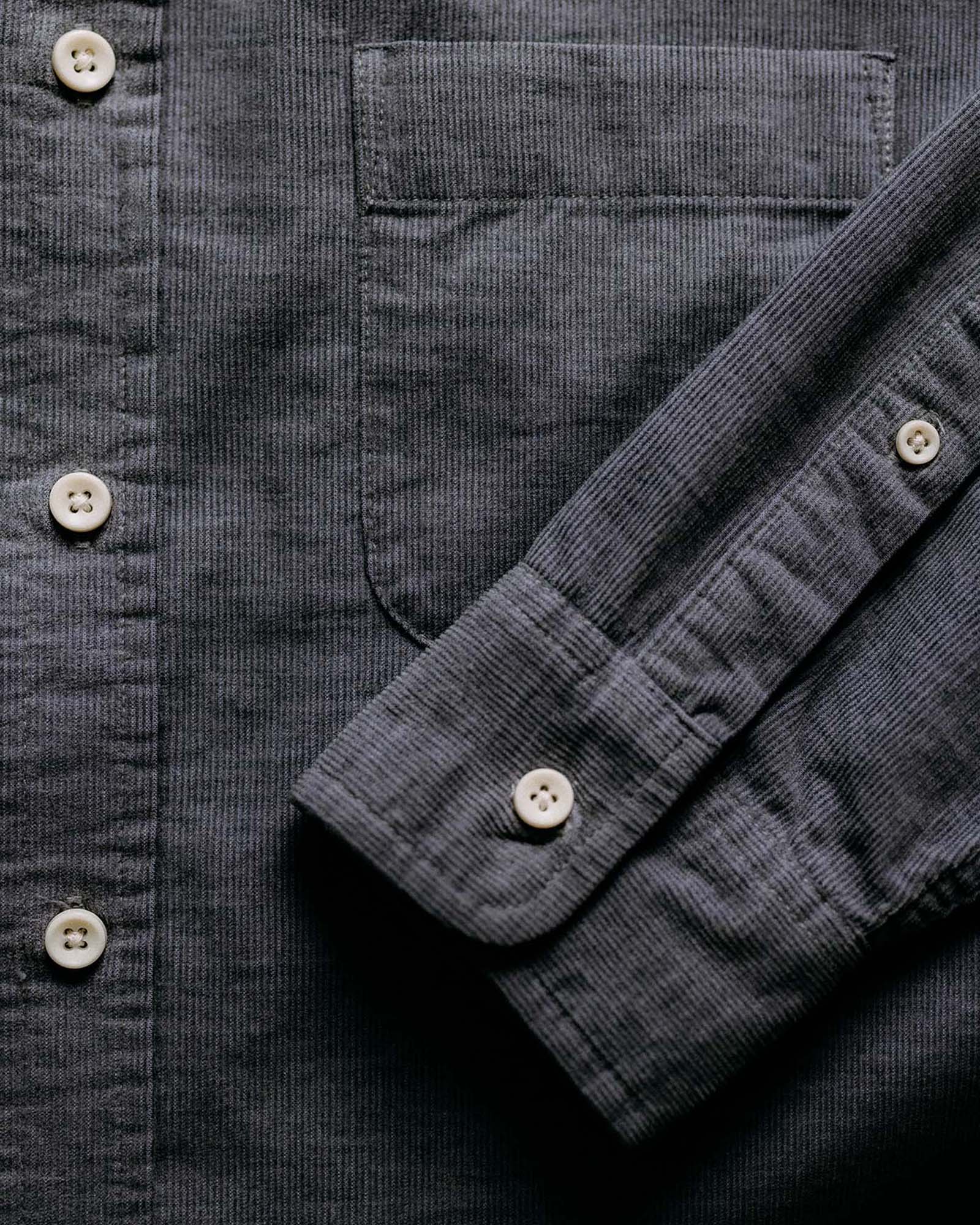 editorial image of sleeve on The Jack in Heather Slate Pincord, Wovens by Taylor Stitch