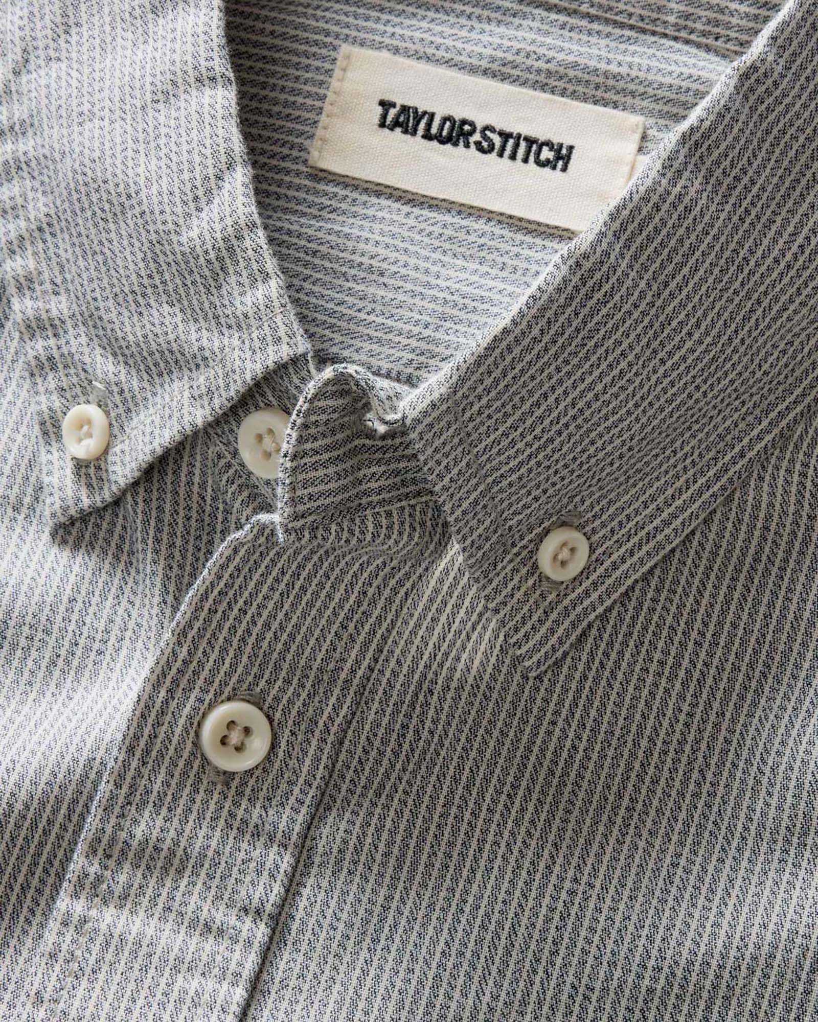 material shot of the collar on The Jack in Parchment Stripe, Wovens by Taylor Stitch