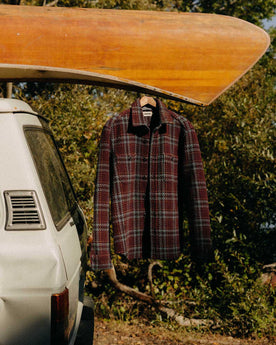 editorial image of The Cutter Overshirt in Port Plaid hanging, Wovens by Taylor Stitch