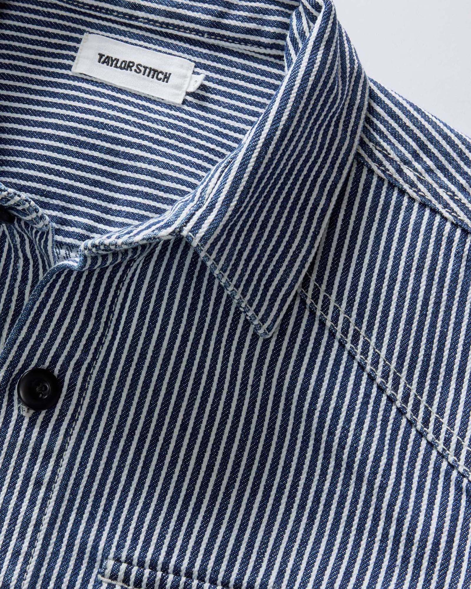 material shot of the collar on The Shop Shirt in Rinsed Indigo Selvedge, Wovens by Taylor Stitch