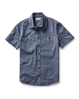 flatlay of The Short Sleeve Utility Shirt in Indigo Selvedge Chambray, Wovens by Taylor Stitch