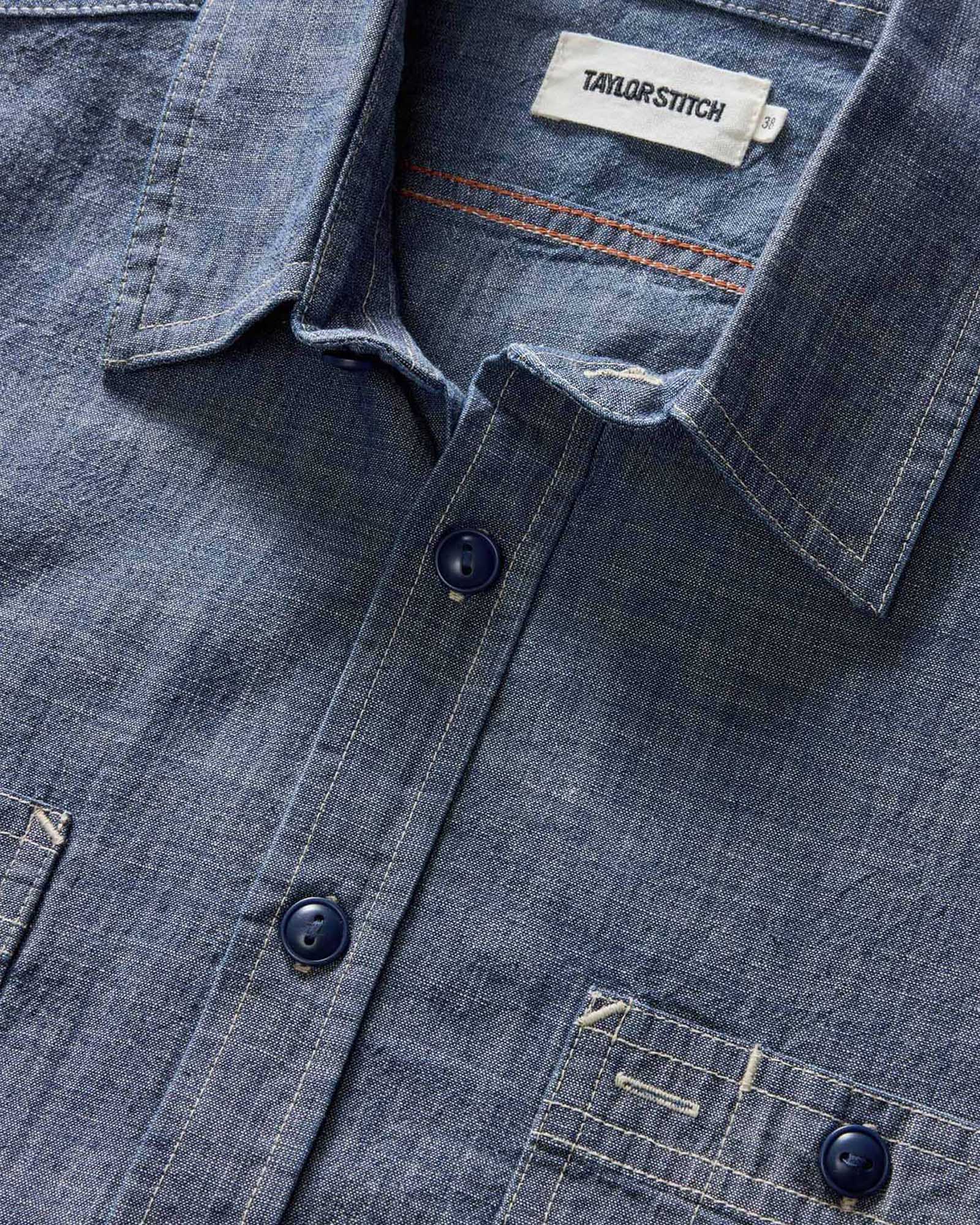 material shot of the collar on The Short Sleeve Utility Shirt in Indigo Selvedge Chambray, Wovens by Taylor Stitch