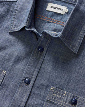 material shot of the collar on The Short Sleeve Utility Shirt in Indigo Selvedge Chambray, Wovens by Taylor Stitch