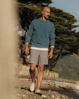 fit model walking wearing The Apres Crew in Washed Indigo Terry, Knits by Taylor Stitch