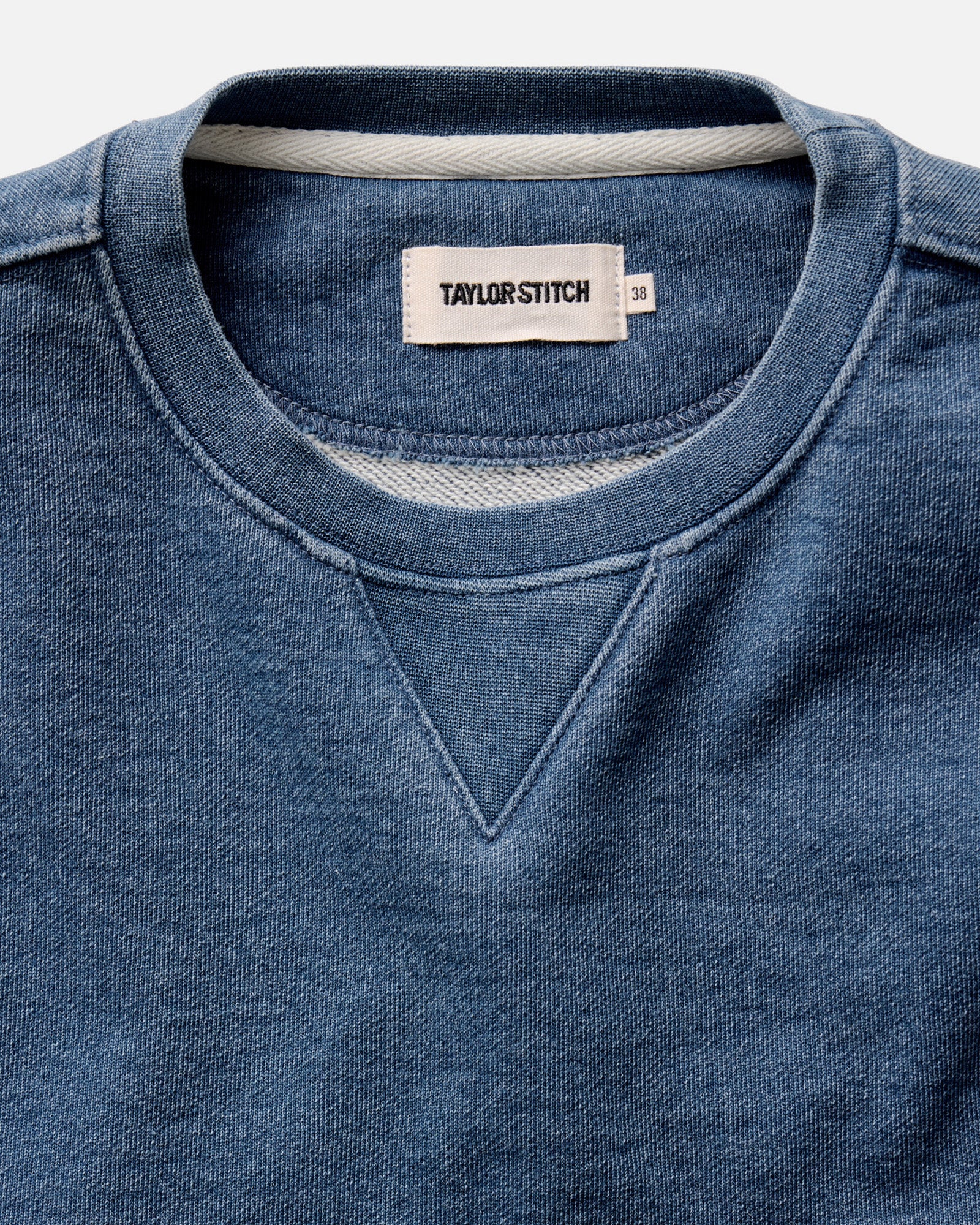 material shot of the collar on The Apres Crew in Washed Indigo Terry, Knits by Taylor Stitch