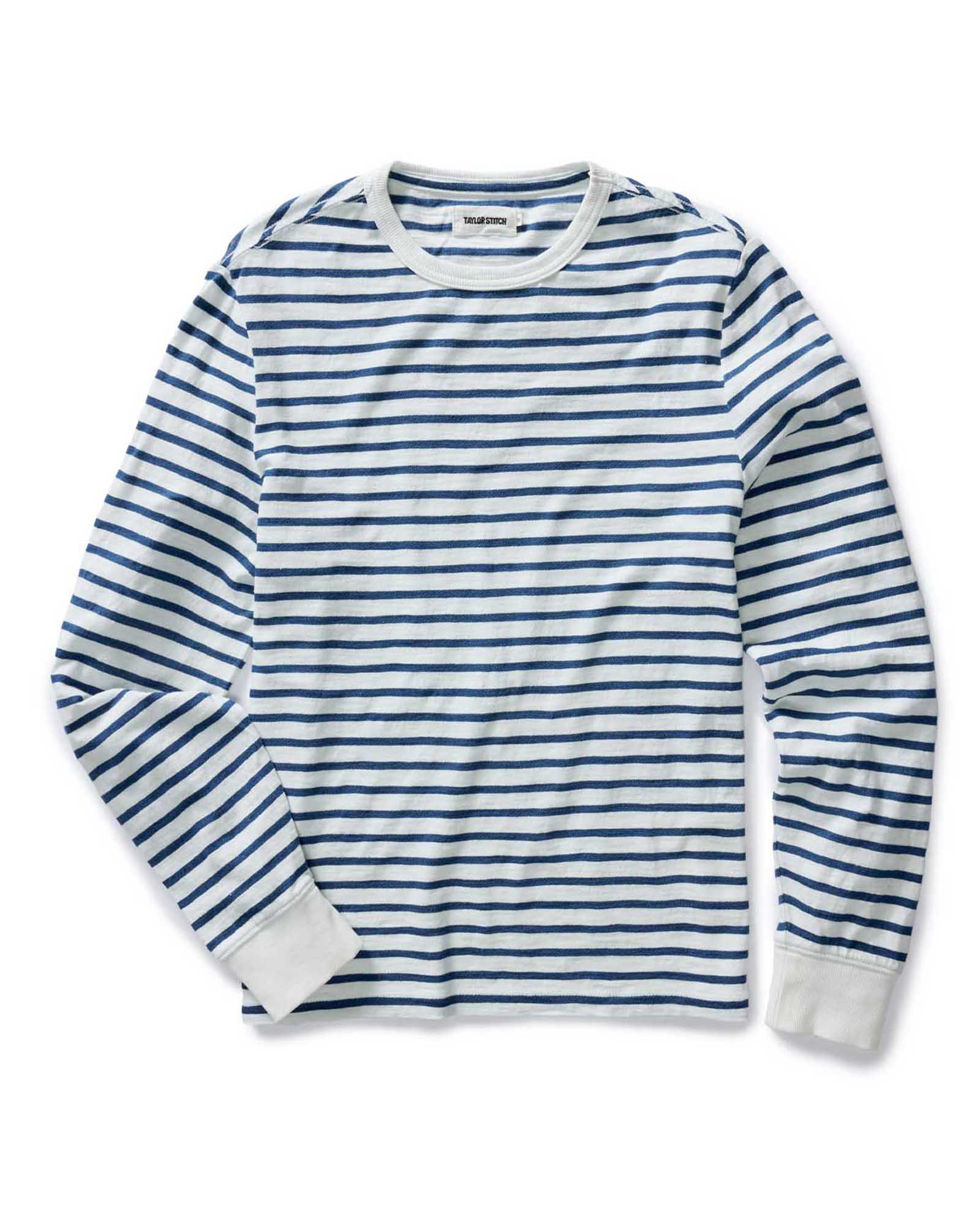 flatlay of The Organic Cotton Long Sleeve Tee in Indigo Stripe, Knits by Taylor Stitch