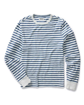 flatlay of The Organic Cotton Long Sleeve Tee in Indigo Stripe, Knits by Taylor Stitch