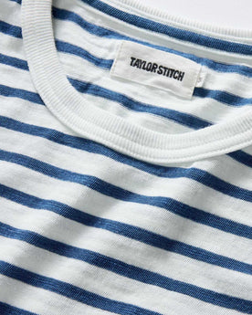 material shot of the collar on The Organic Cotton Long Sleeve Tee in Indigo Stripe, Knits by Taylor Stitch