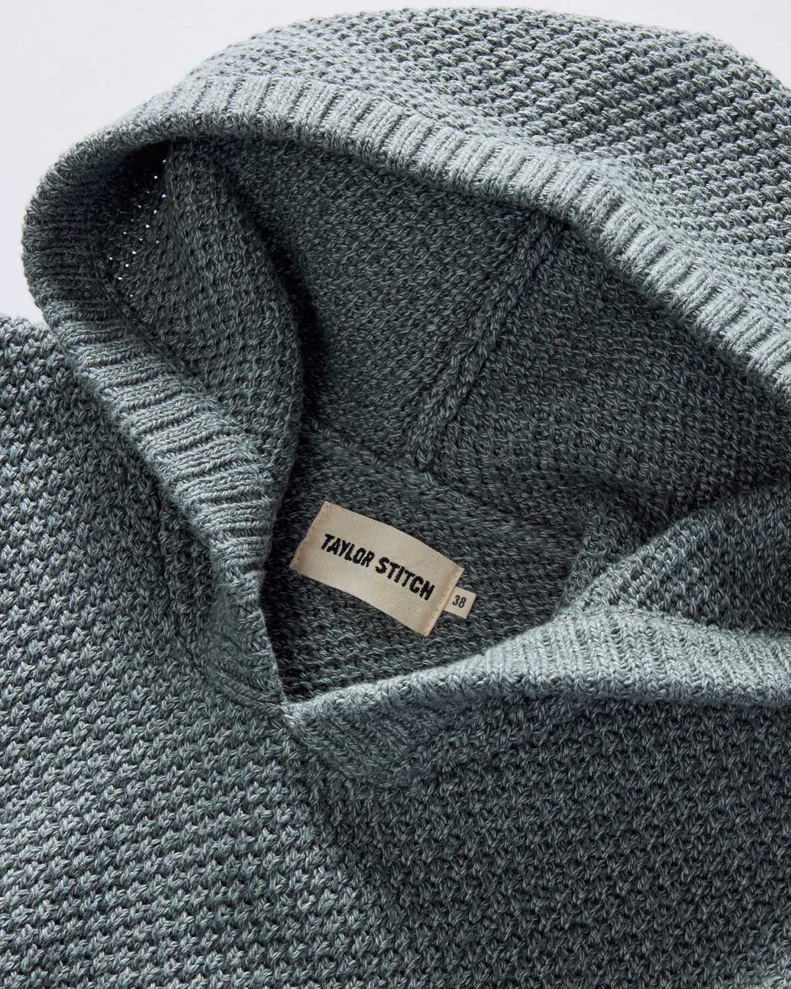 material shot of the hood on The Crawford Sweater Hoodie in Deep Sea Twist, Knits by Taylor Stitch