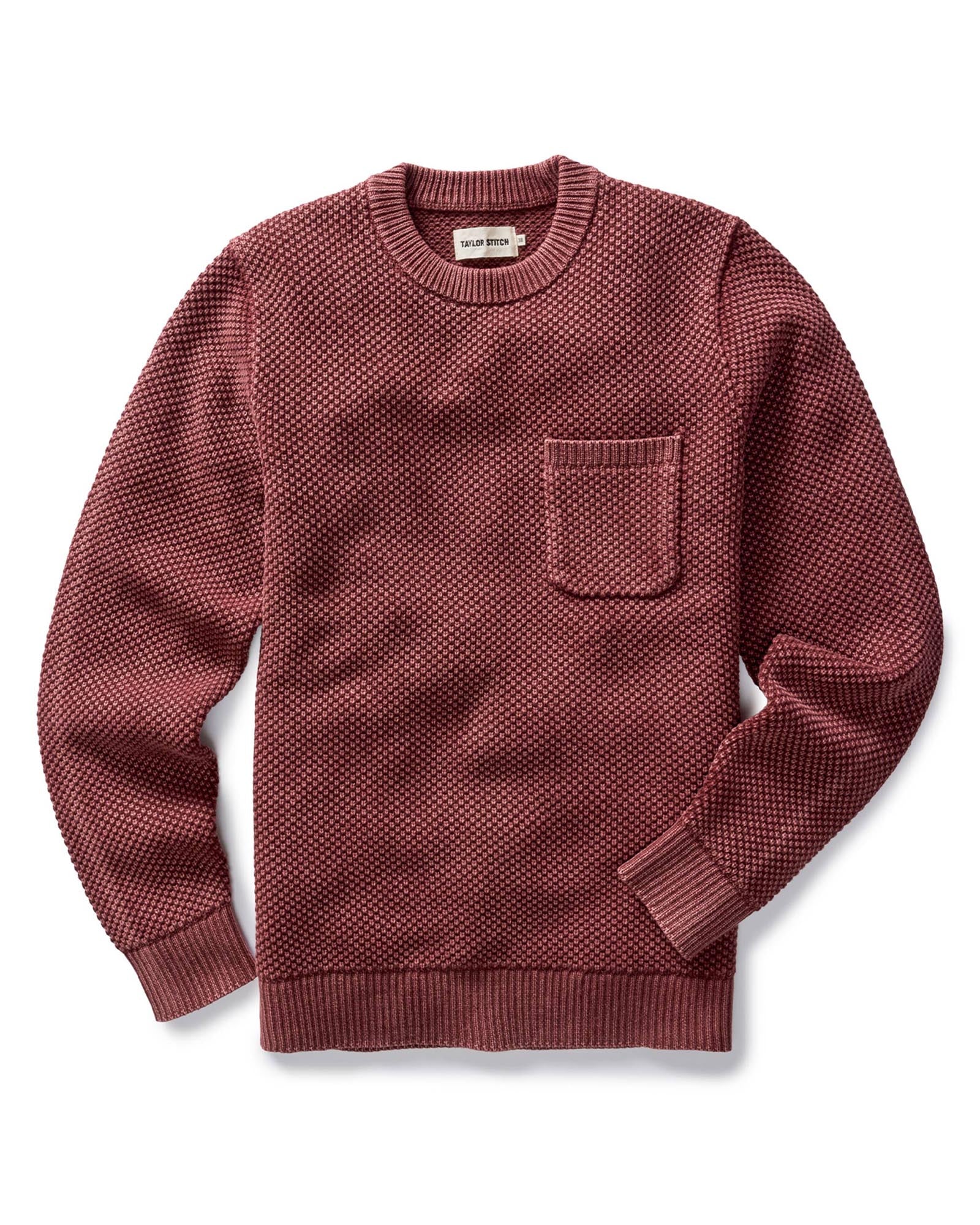 flatlay of The Crawford Crew Sweater in Dried Cherry, Knits by Taylor Stitch
