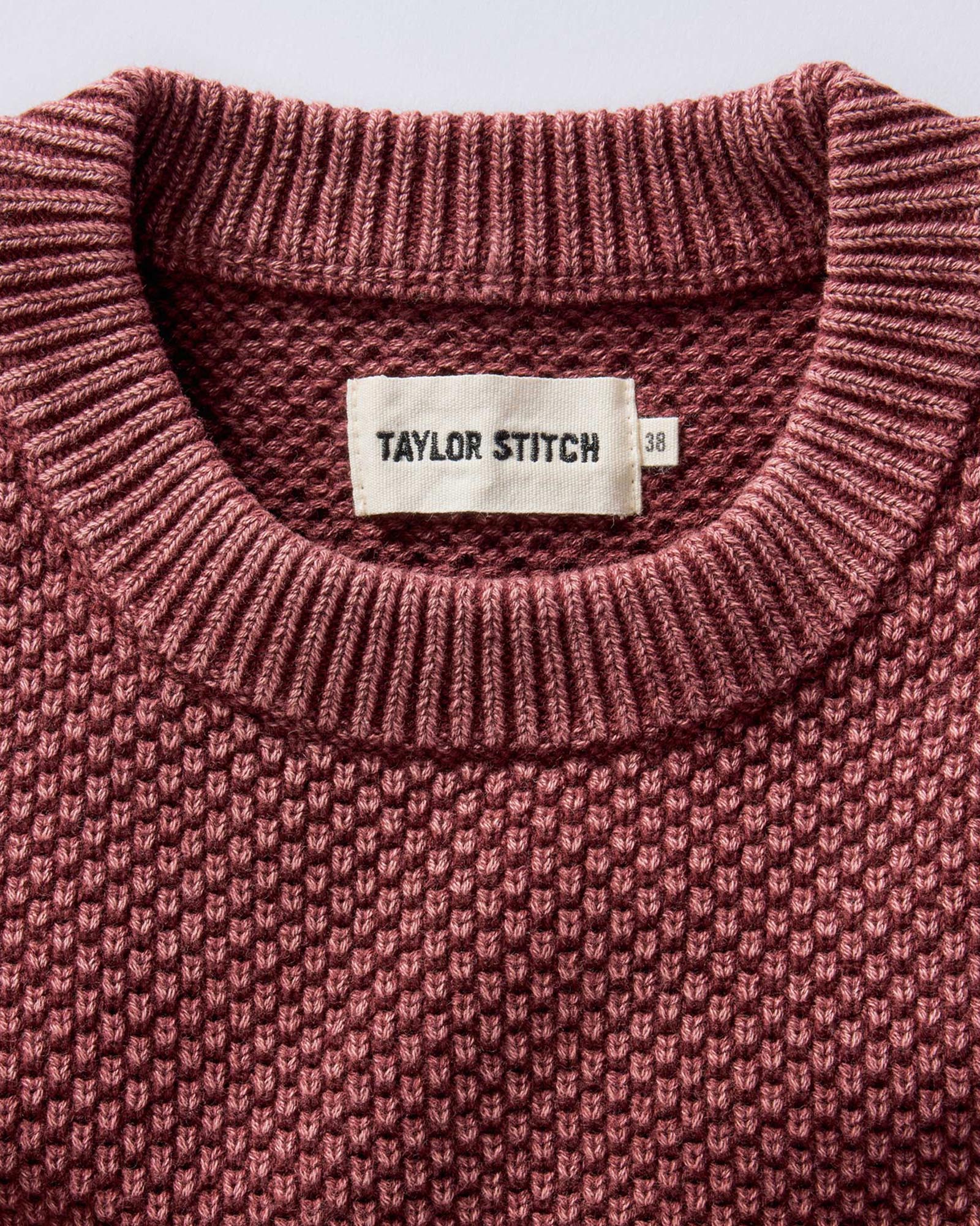material shot of the collar on The Crawford Crew Sweater in Dried Cherry, Knits by Taylor Stitch