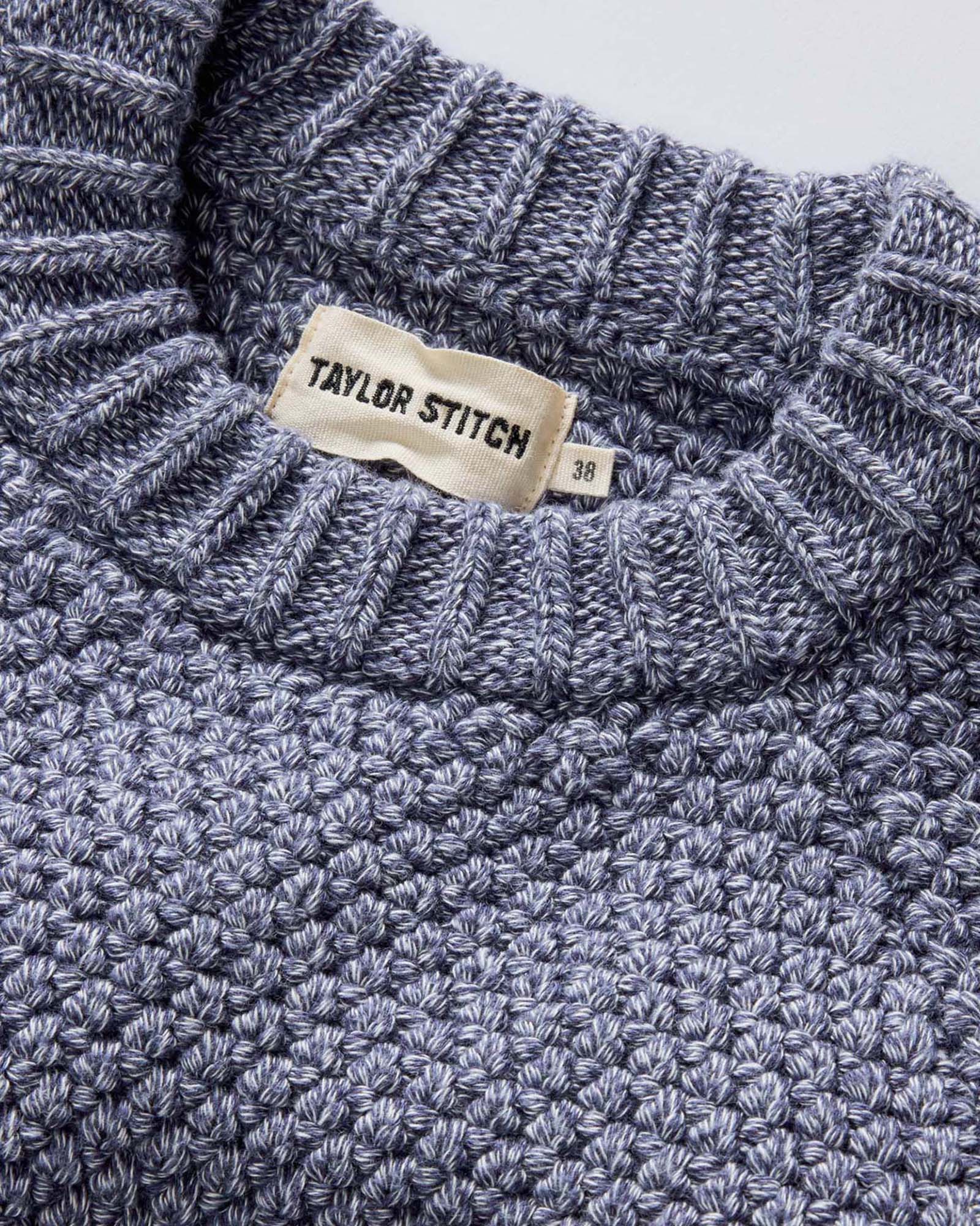 material shot of the collar on The Fisherman Sweater in Blue Melange, Knits by Taylor Stitch