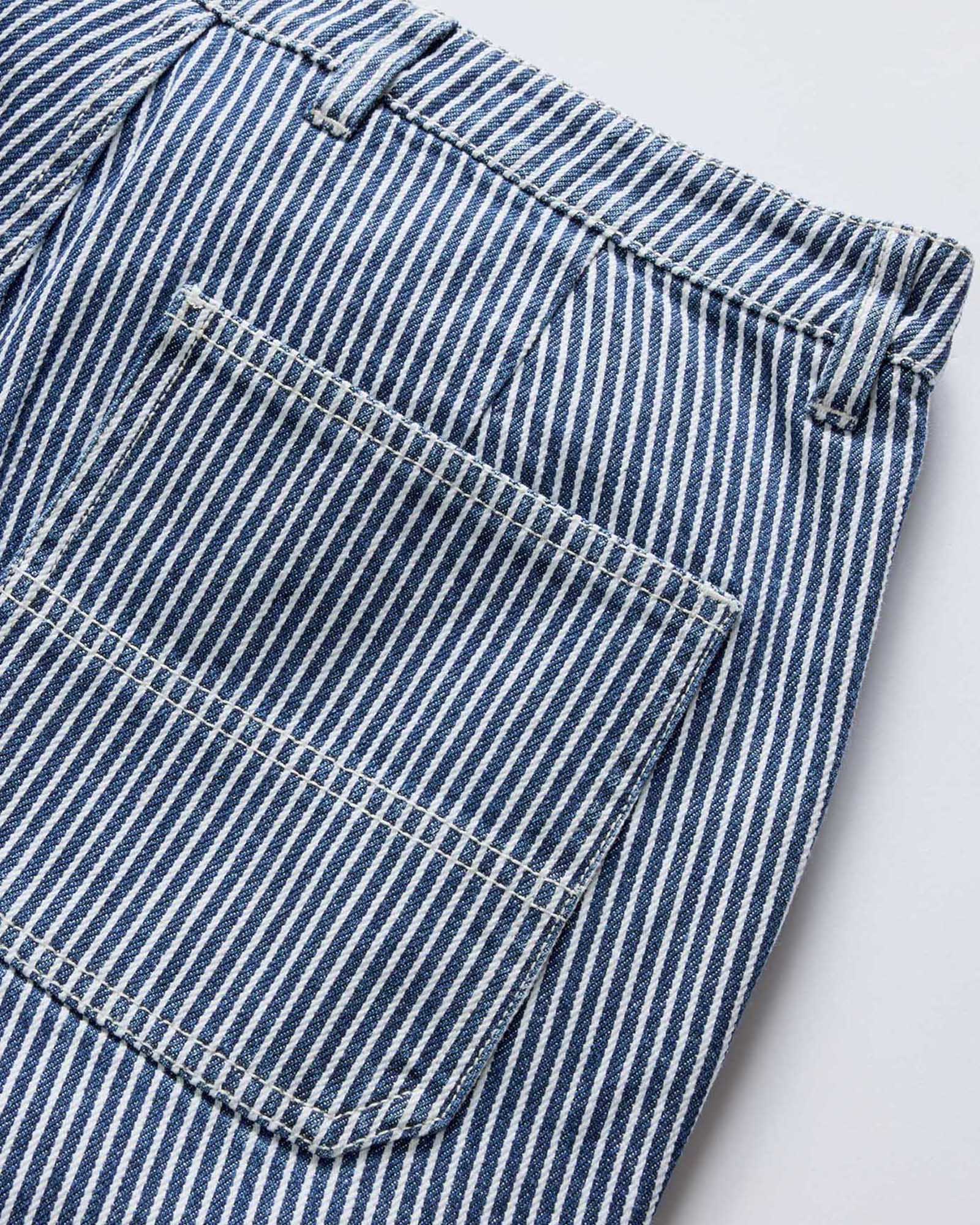 material shot of the pockets on The Camp Short in Indigo Railroad Stripe Denim, Bottoms by Taylor Stitch