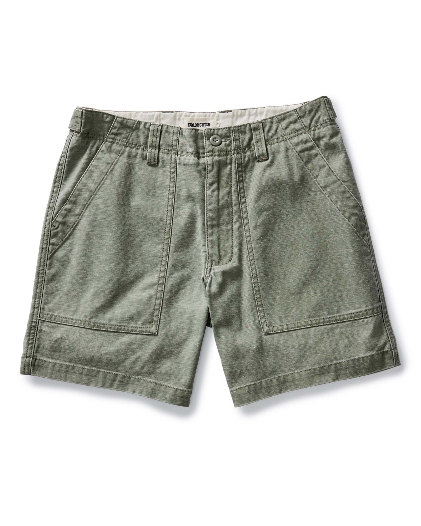 The Surplus Short in Field Olive Reverse Sateen: Featured Image, Bottoms by Taylor Stitch