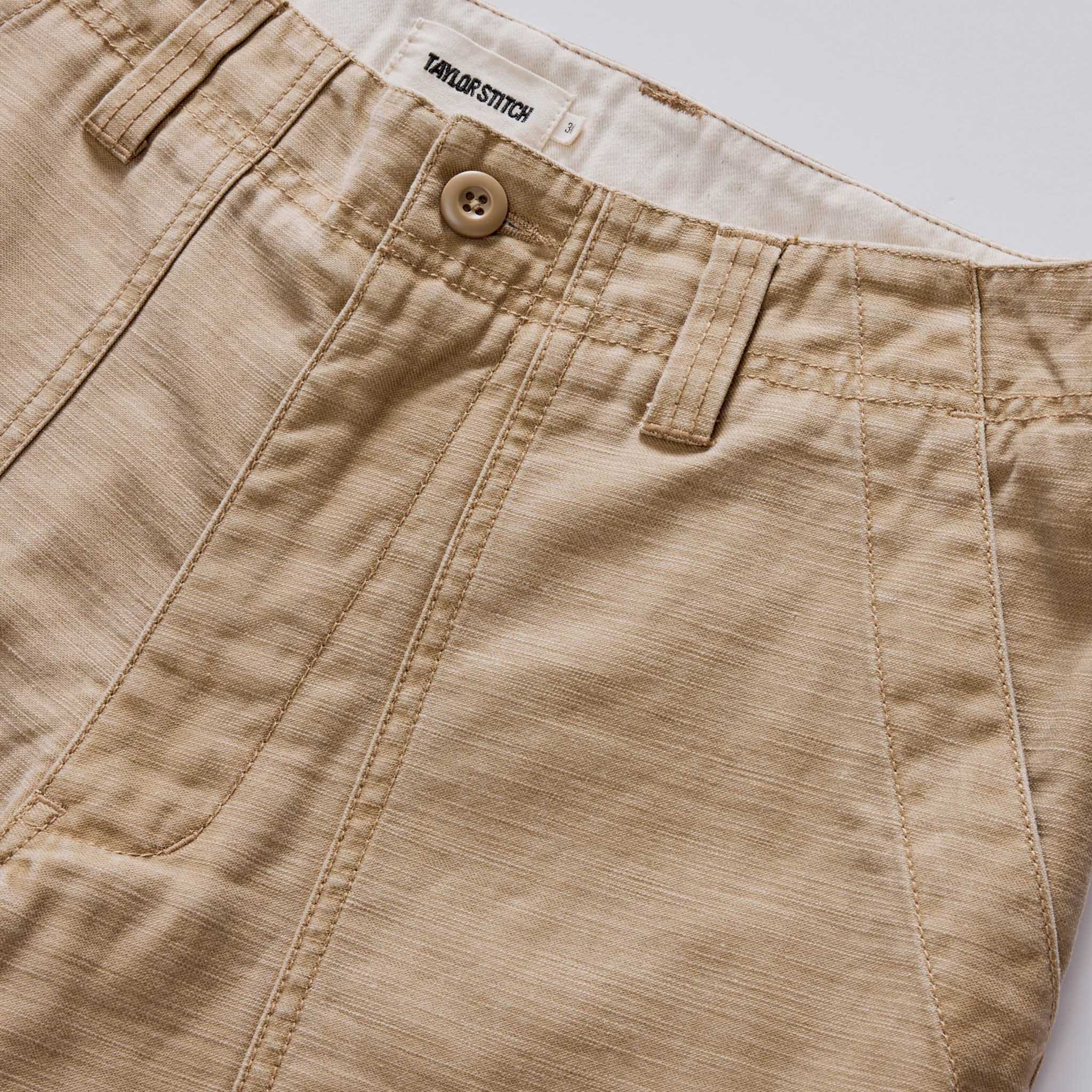 material shot of the waistband on The Surplus Short in Khaki Reverse Sateen, Bottoms by Taylor Stitch