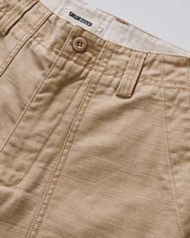 material shot of the waistband on The Surplus Short in Khaki Reverse Sateen, Bottoms by Taylor Stitch