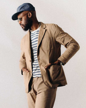 fit model showing off The Foundation Sportcoat in Organic Khaki Twill, Outerwear by Taylor Stitch