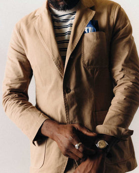 fit model adjusting the cuffs on The Foundation Sportcoat in Organic Khaki Twill, Outerwear by Taylor Stitch